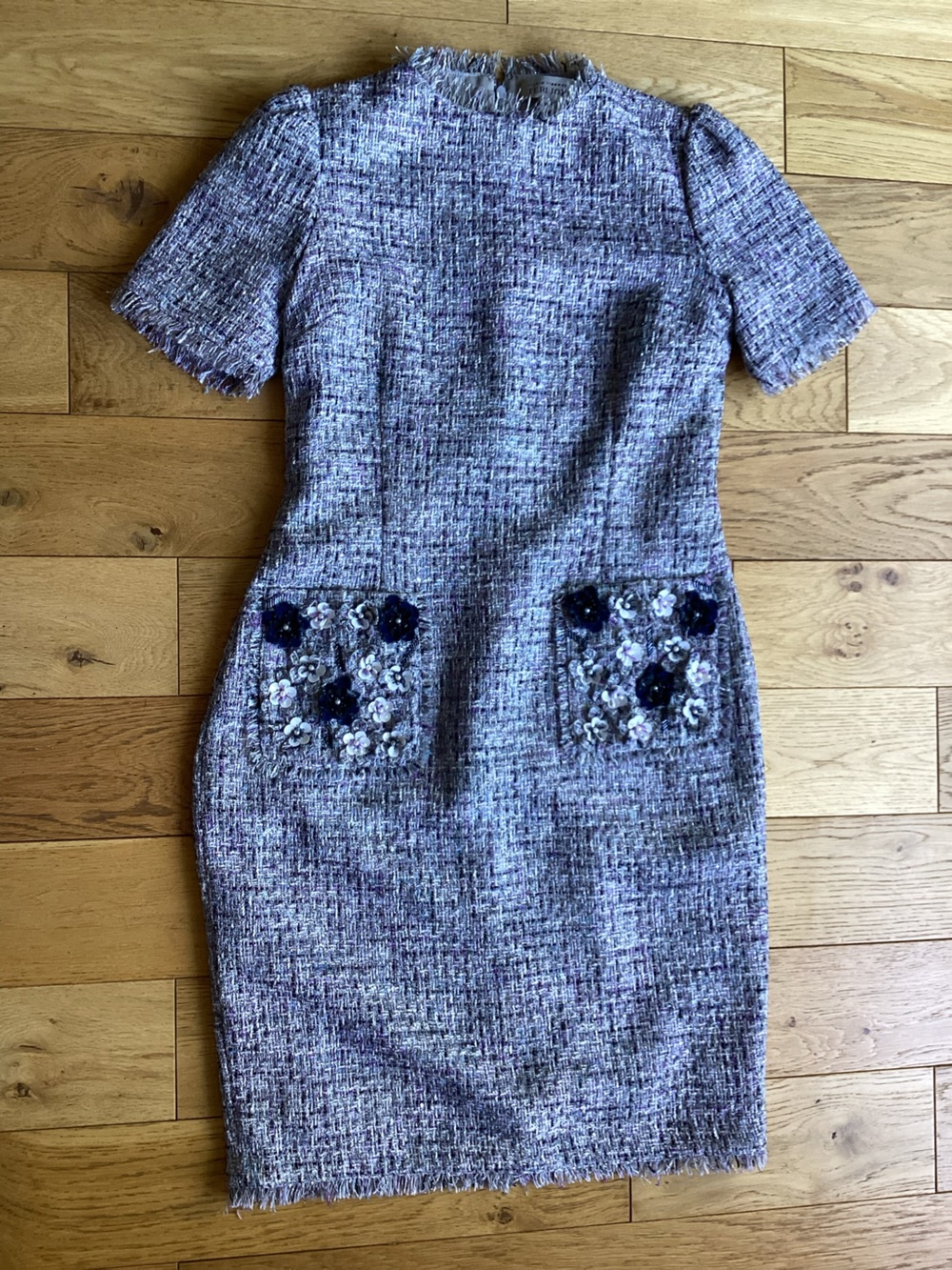 Rickie Freeman for Teri Jon Blue tweed midi dress 3D floral pockets